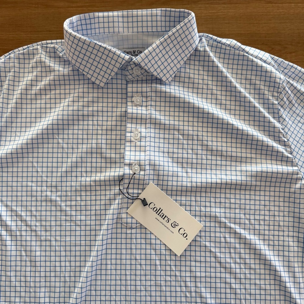 Collars & Co Mens Dress Collar Polo Shirt Large Relaxed White Blue NWT